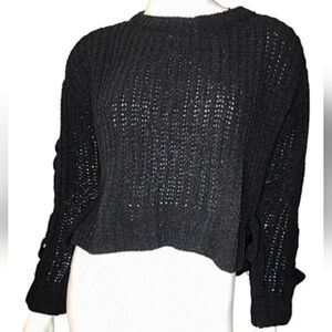 Candie's Black Crochet Crop Sweater with Braided Sleeve Detail, Size S